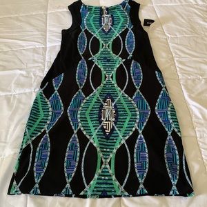 Dress black with greens and blues